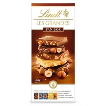 Lindt Les Grandes Fan Box 750g Swiss chocolate assortment with hazelnuts, almonds and caramel bars